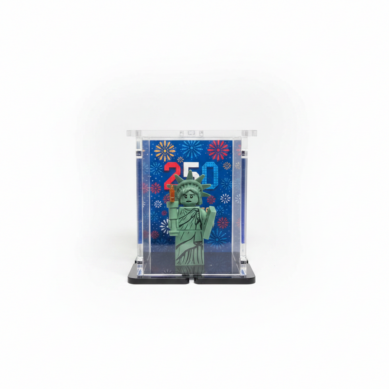 usa display case for lego minifigure with red, white and blue background