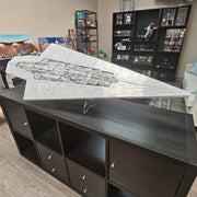 LEGO Star Wars Star Destroyer model displayed on a transparent stand