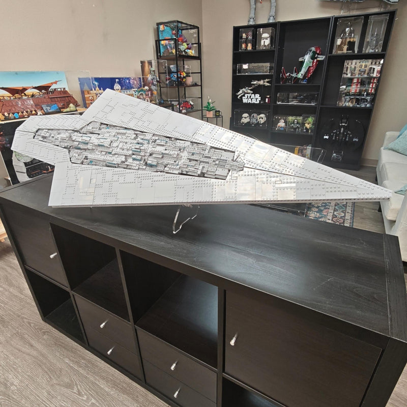 LEGO Star Wars Star Destroyer model displayed on a transparent stand