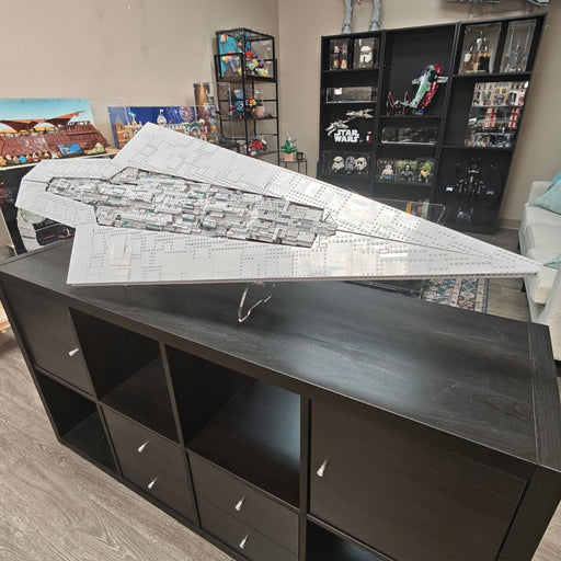 LEGO Star Wars Star Destroyer model displayed on a transparent stand