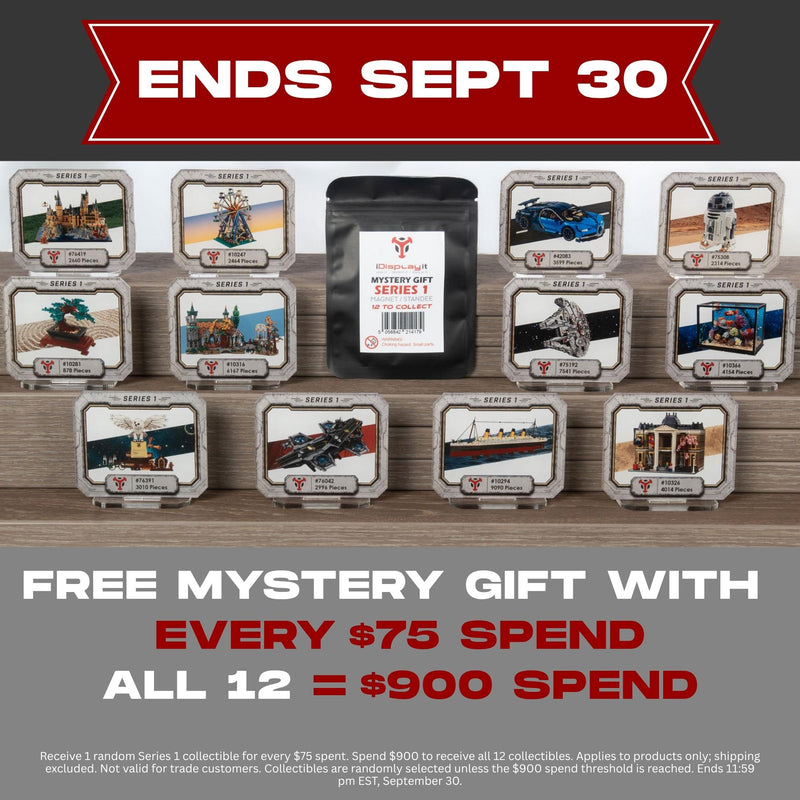 Promotional graphic for a collectible card set showing multiple sealed 'Series 1' standee/magnets arranged on a wooden surface around a black central pack labeled 'Collectible Series 1.' Large text at the top reads 'ENDS SEPT 30,' and the bottom text advertises a 'FREE MYSTERY GIFT WITH EVERY $75 SPEND ALL 12 = $900 SPEND.