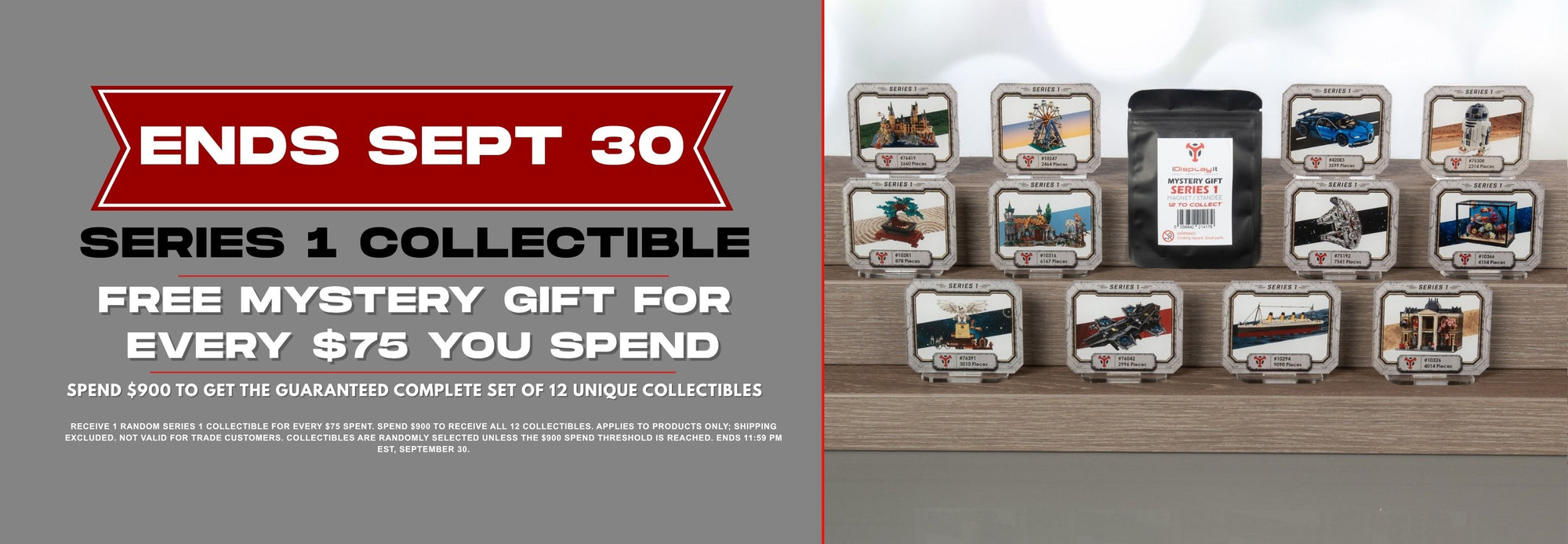 Promotional banner for a collectible mystery gift set. The left side has a dark gray background with a red banner reading 'ENDS SEPT 30' and text offering a free mystery gift for every $75 spent.