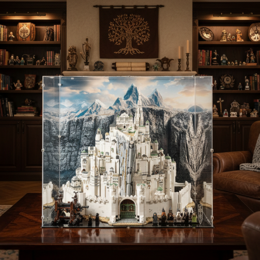 lego linas tirith bespoke display case with a LEGO model inside
