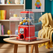 Red lego gumball machine with colorful balls in a clear display case on a wooden table