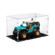 turquoise lego toy model inside a clear acrylic display case