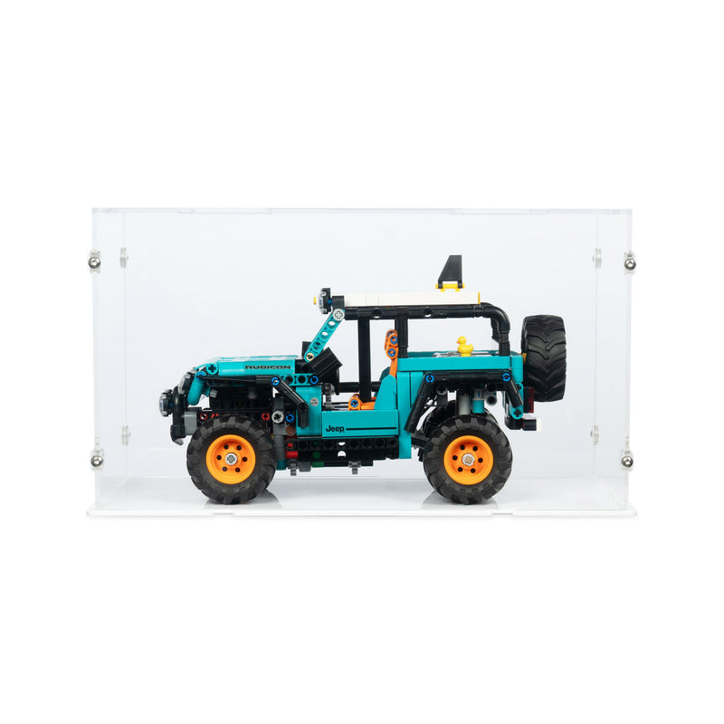 Toy jeep model on display in lego display box