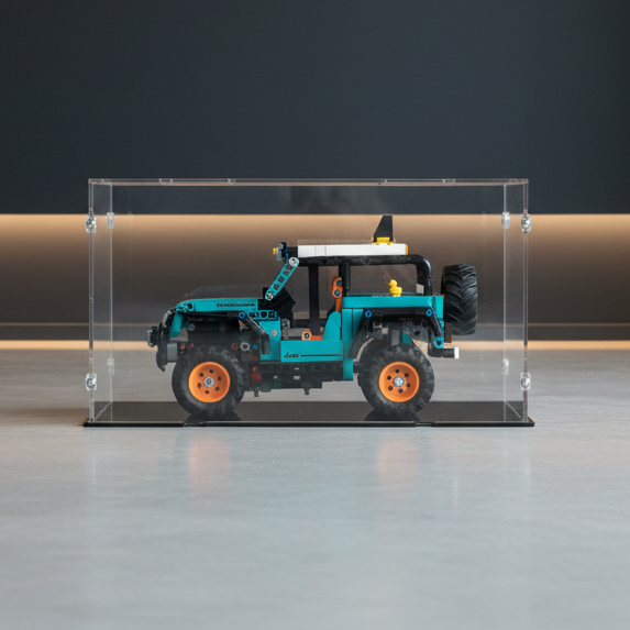 lego jeep model in a clear display case on a reflective surface with a dark background
