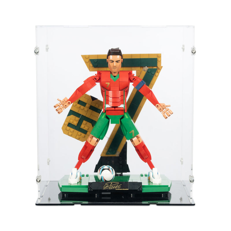 lego ronaldo in red and green football kit soccer figure in transparent display box