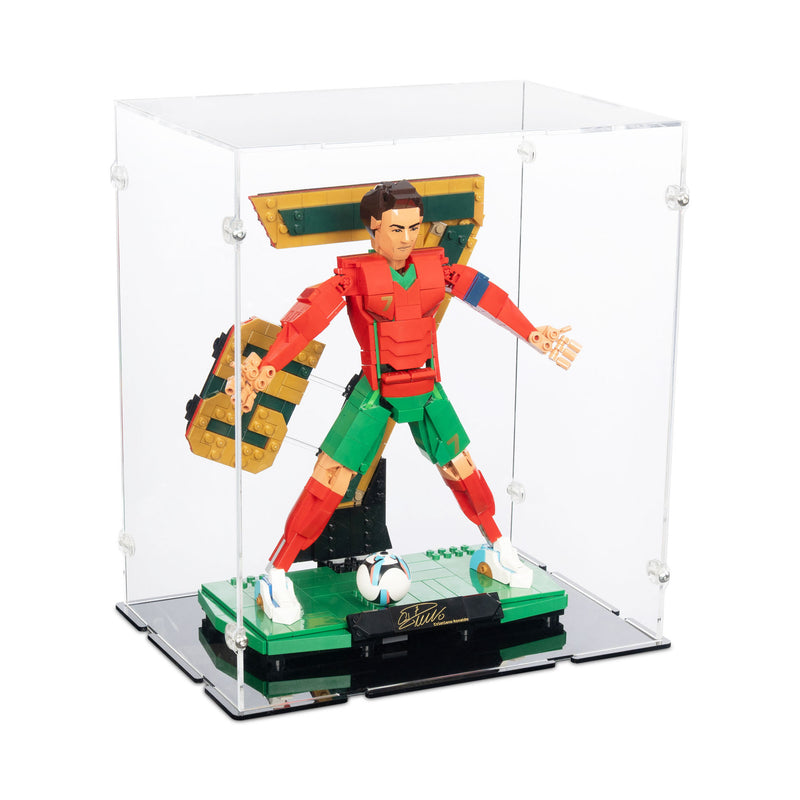 lego football player in a red and green outfit with a clear display case surrounding them