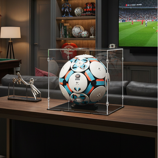lego soccer ball in a display case in a living room with a TV displaying a soccer match.
