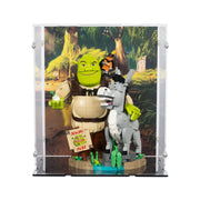 LEGO Shrek and Donkey figure set against a scenic background display case acrylic