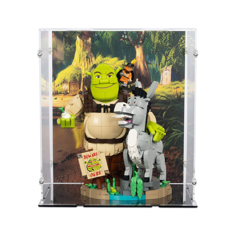 LEGO Shrek and Donkey figure set against a scenic background display case acrylic