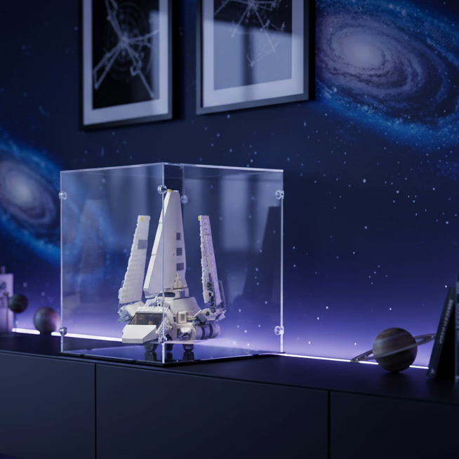 Acrylic display case with a white star wars ship inside on a black base