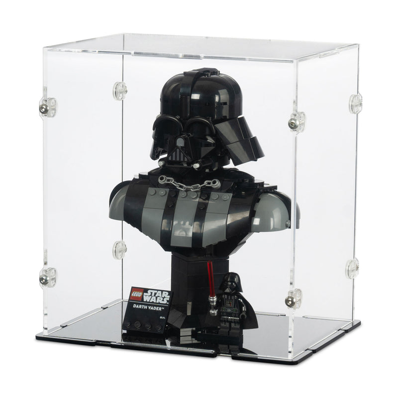 Darth Vader bust from LEGO Star Wars in a clear display case on a white background