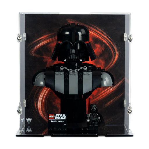 LEGO Darth Vader set in a clear display case with a dark background