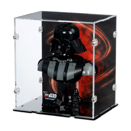 Darth Vader lego figure in a clear display case with a red and black background
