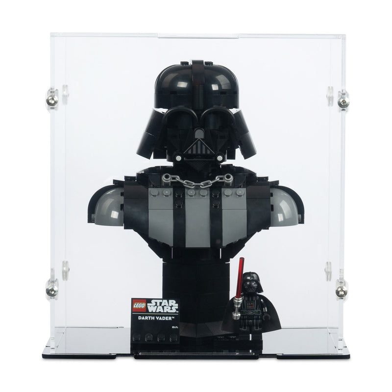 LEGO Darth Vader figure in a clear display case with LEGO branding.