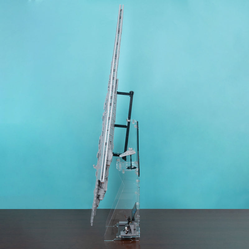 A detailed star wars lego 75457 model on a clear acrylic stand with support arms, set against a solid turquoise background.