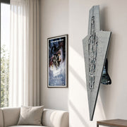 75457 lego large gray Star Destroyer wall art piece mounted on a beige wall in a modern living room setting.