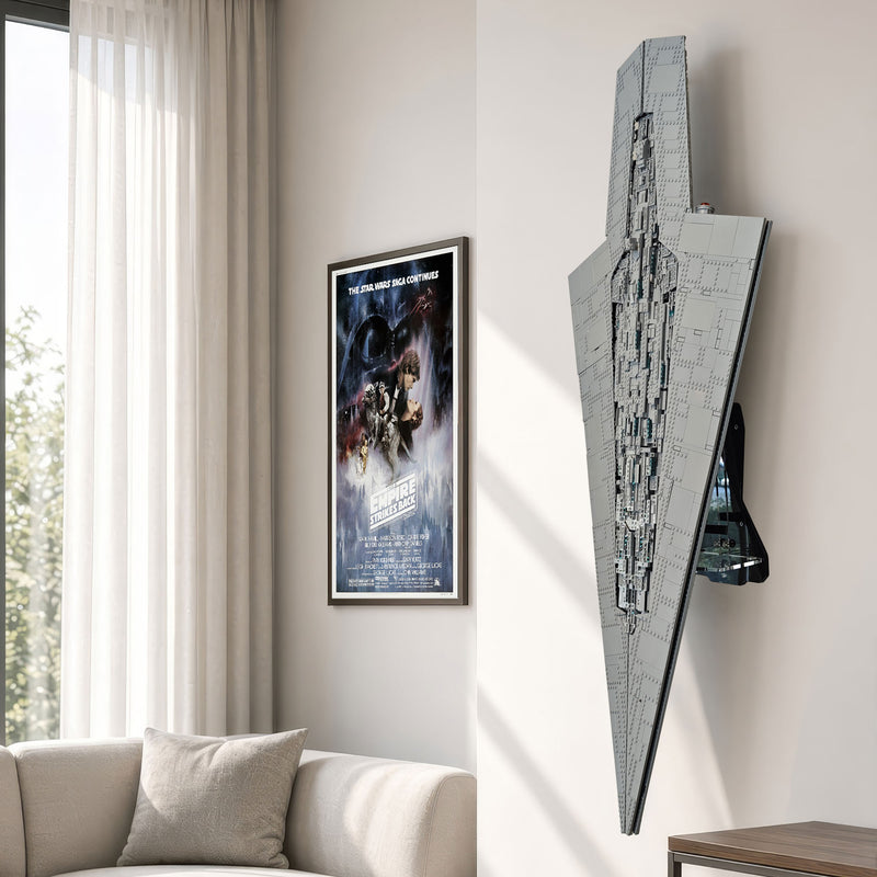 75457 lego large gray Star Destroyer wall art piece mounted on a beige wall in a modern living room setting.
