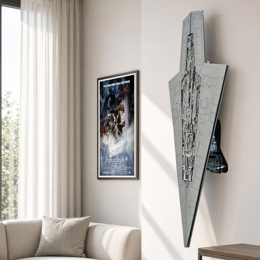 75457 lego large gray Star Destroyer wall art piece mounted on a beige wall in a modern living room setting.