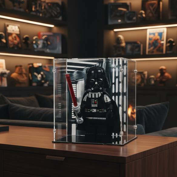 Darth Vader lego minifigure in a printed display case on a wooden surface with a cozy room background.