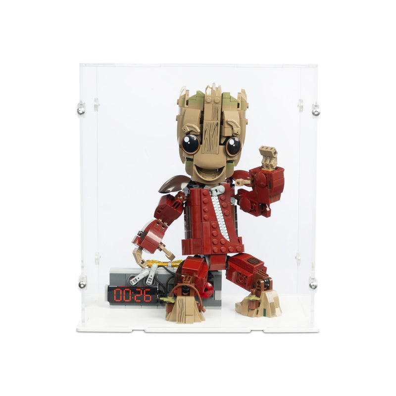 LEGO Groot figure with a digital clock on a white background in acrylic box