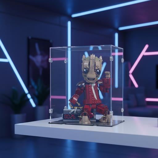 lego marvel figure in a clear display case with neon lights in the background