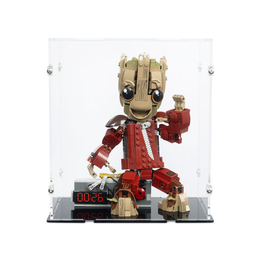 LEGO gotg groot figure in a clear display case with a timer on a black base