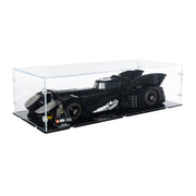A black toy model car displayed inside a clear acrylic block case for lego batman batmobile