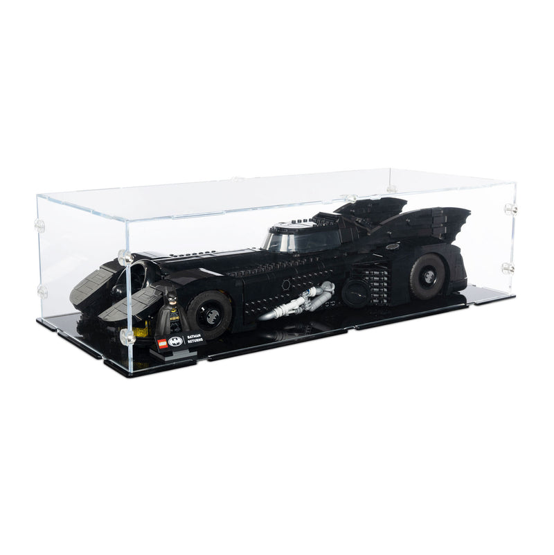 A black toy model car displayed inside a clear acrylic block case for lego batman batmobile