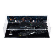 A black LEGO-style Batmissile model set inside a clear acrylic display case with a dark illustrated backdrop