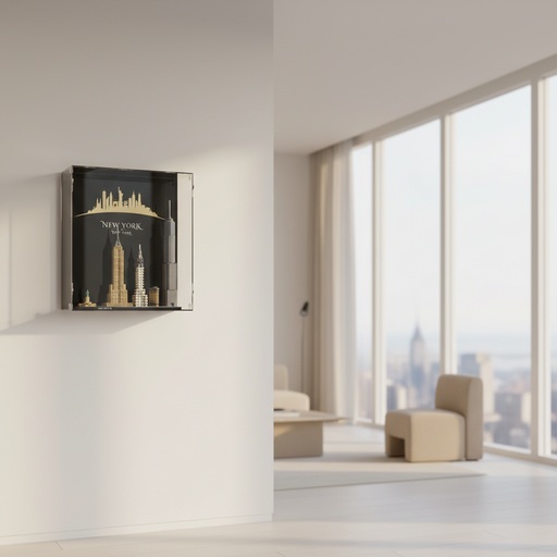New York cityscape lego architecture in a wall display frame on a wall in a modern room
