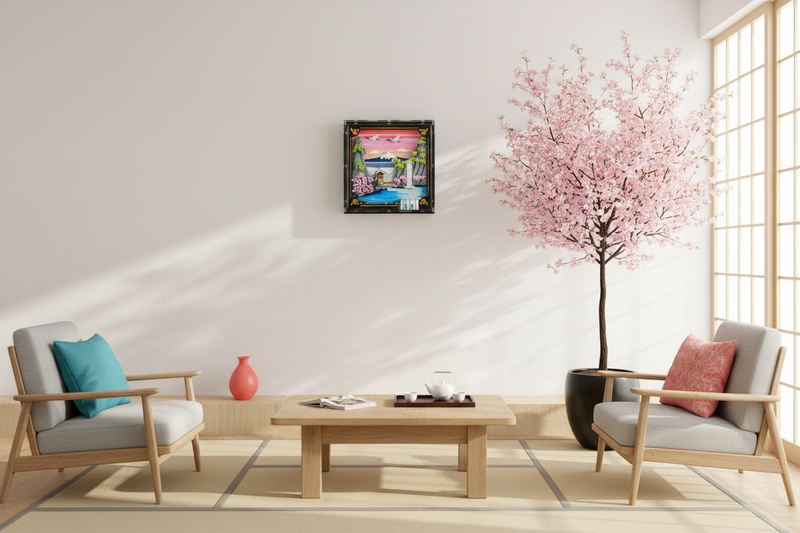 Japanese Cherry Blossom Landscape Wall Mounted Display Case for LEGO 31218