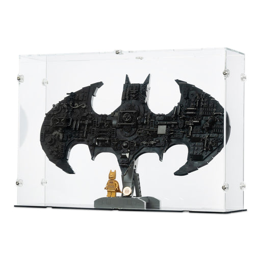 Acrylic display case with a large Batman logo and a minifigure inside on a black base