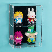 four lego brickheadz in wall display case