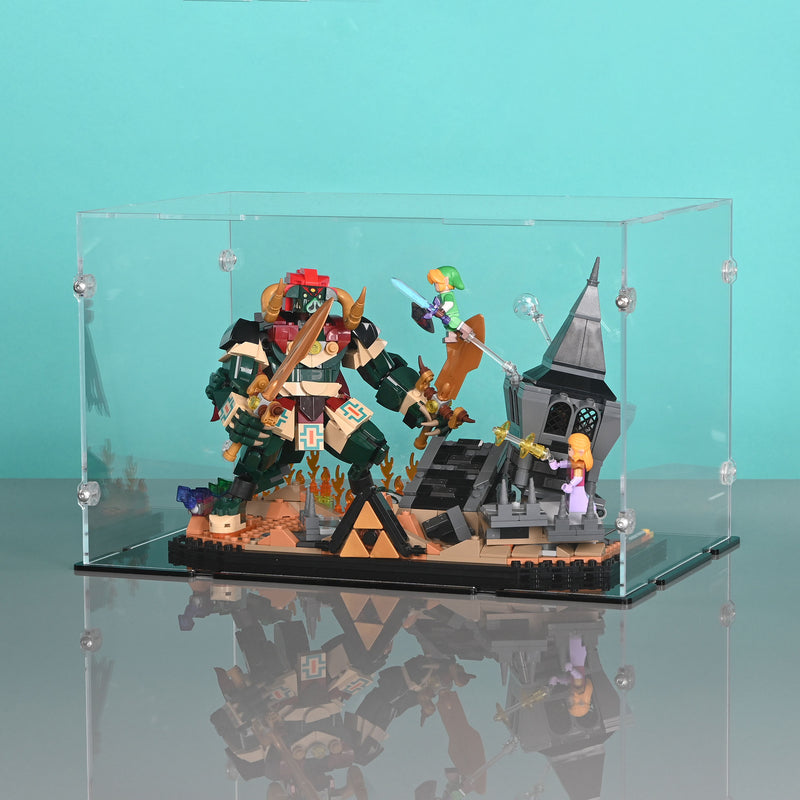 zelda ocarina of time lego set in display case with base