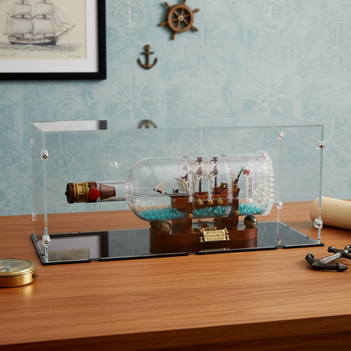 lego ship in a bottle inside a glass display case on a wooden table.