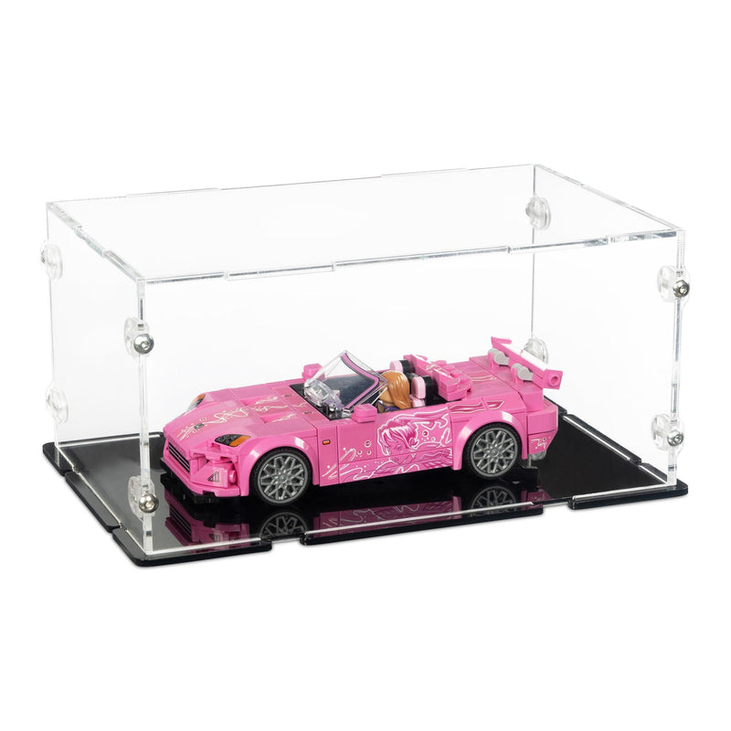 toy lego movie car, pink with graphics in a crystal clear premium display case