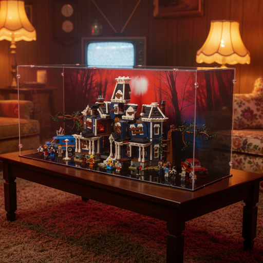 lego stranger things toy set in a printed background display case on a wooden table with a retro TV in the background.