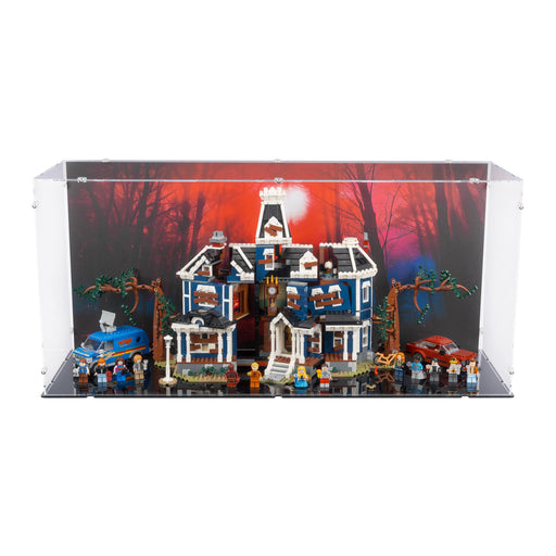 lego stranger things victor creel house model with characters in a display case