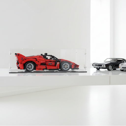 ferrari lego set in display case white room