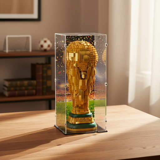 video of fifa lego gold trophy in a bespoke display case with printed stadium background