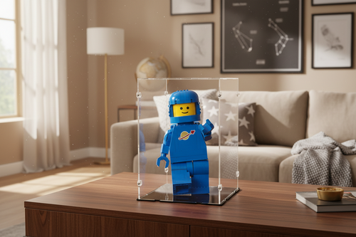 video of acrylic display box for lego blue astronaut minifigure