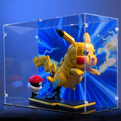 video of lego pikachu in display case with blue and yellow lightning background print.