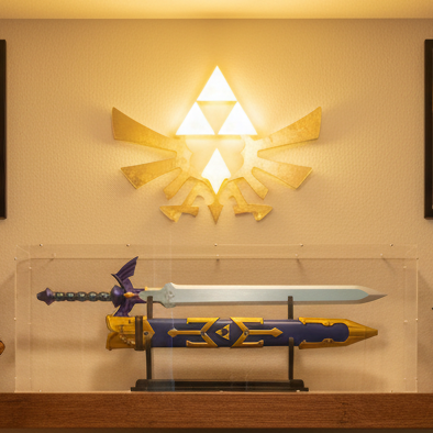 Decorative LOZ sword in a clear display case with a glowing emblem on wall
